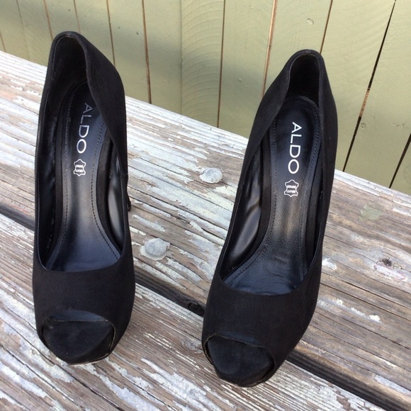 Aldo Black Suede Peep Toe Platf  Stiletto Heels - Picture 6 of 10